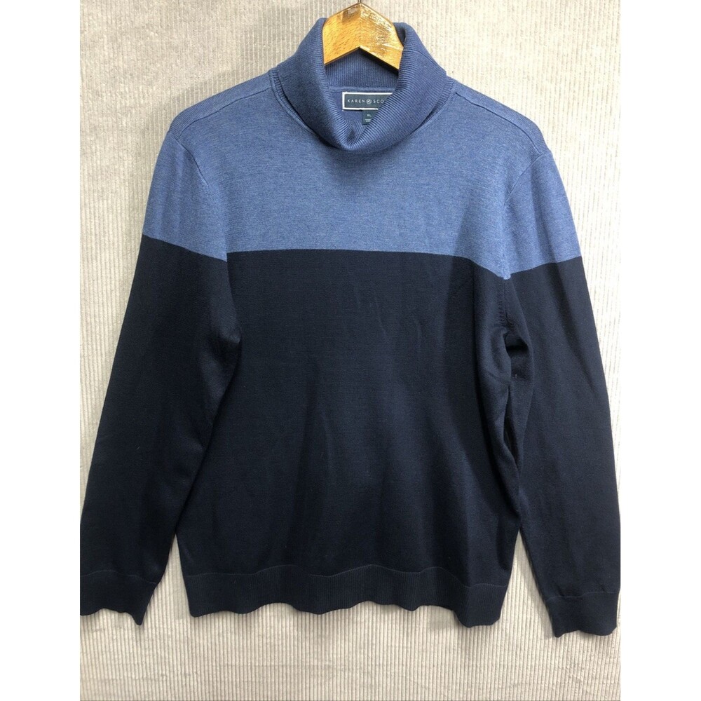 Karen Scott Sweater Size XL Blue Color Block Turtle Neck Casual